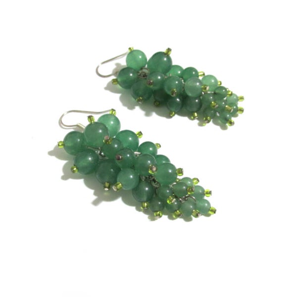 Silver Plated Green Agate Cluster Earrings
