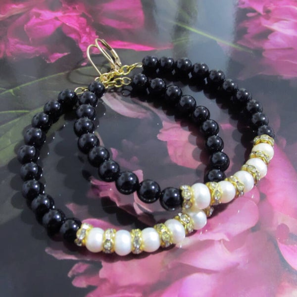 Large Black Agate & Pearl Earrings