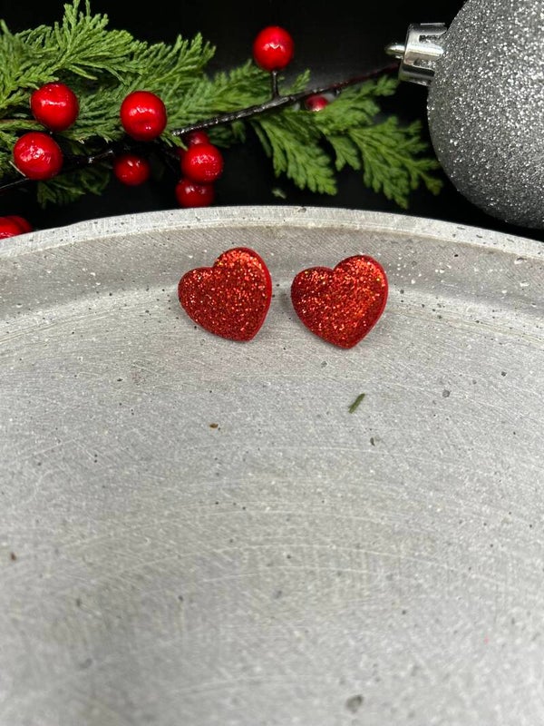 Studs heart christmasred glitter