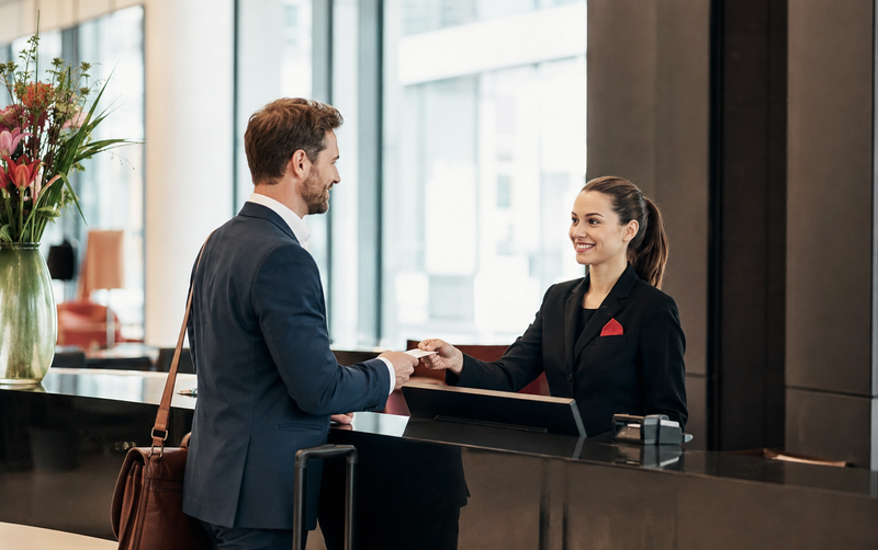 Freundlicher Empfang eines Gastes an der Hotelrezeption