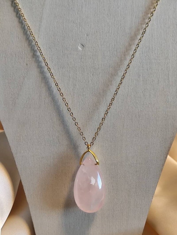 PENDENTIF GOUTTE SAUTOIR QUARTZ ROSE AVEC CHAINE