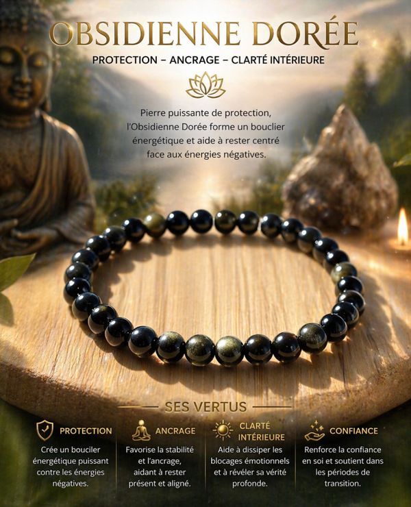 BRACELET OBSIDIENNE DOREE 6MM