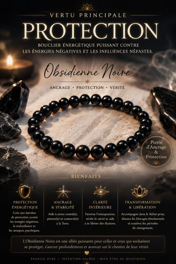 BRACELET BOULE 6MM OBSIDIENNE NOIRE