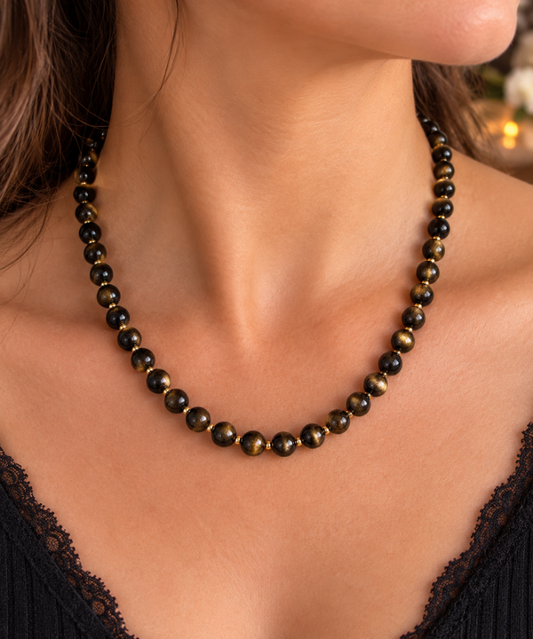 Collier protection en perles naturelles obsidienne dorée