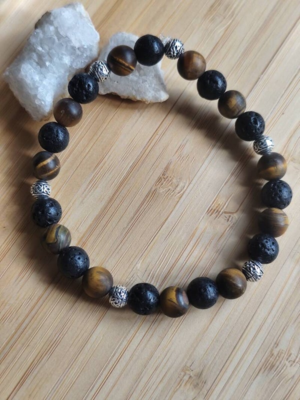 Bracelet homme en Pierre de Lave et Œil de Tigre Mat  ✨