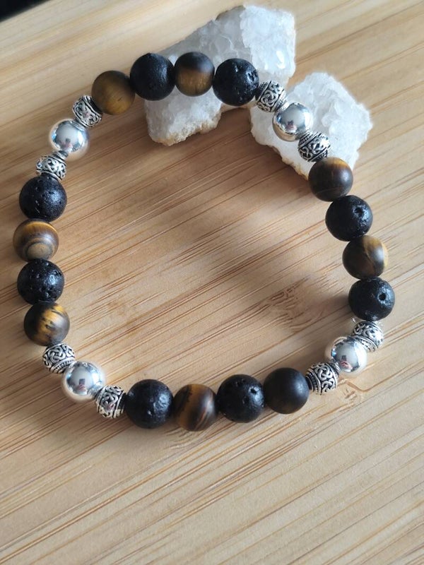 Bracelet homme en Pierre de Lave, Œil de Tigre Mat & Hématite Argentée ✨