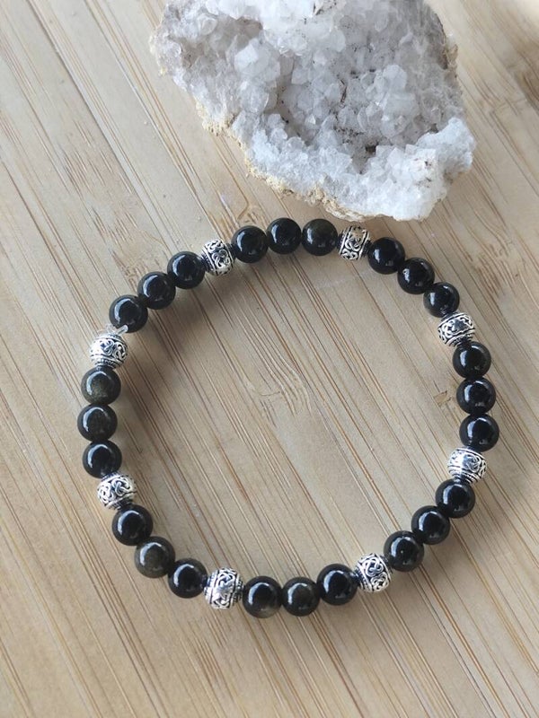 Bracelet perles 6 mm obsidienne dorée et perles argentées 🩶💛