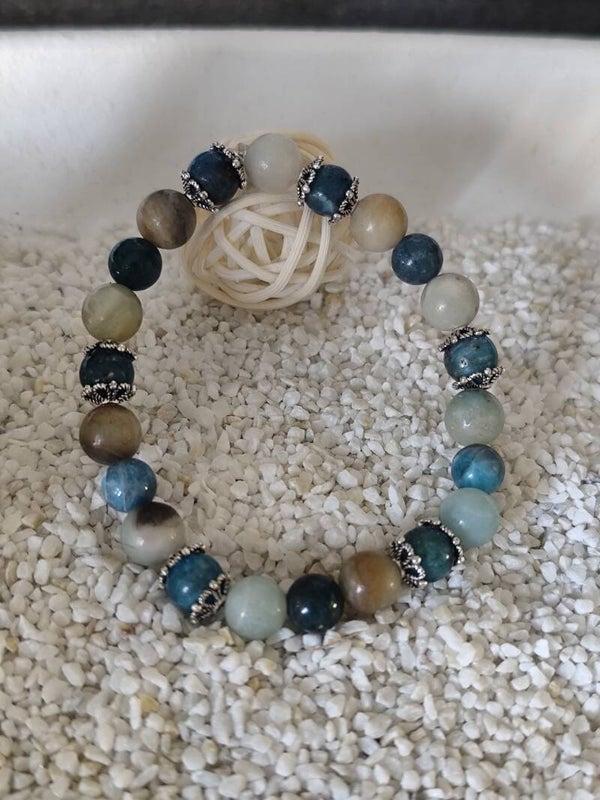 Bracelet en Apatite Bleue & Amazonite Multicolore – Perles naturelles 8 mm 🩵🤍