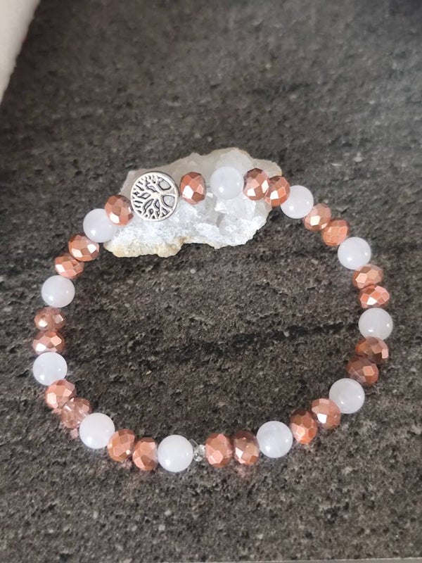 Bracelet Arbre de Vie – Quartz Rose & Perles Facettées Bronze 🩷