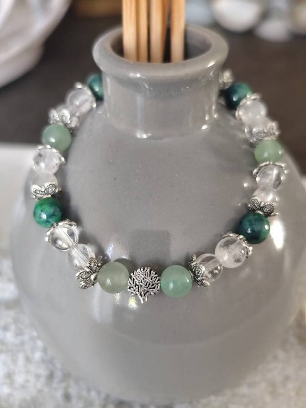 Bracelet Harmonie et sagesse aventurine, azurite malachite et cristal de roche 6 mm 💚🤍💙