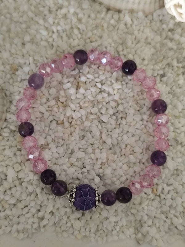 Bracelet Élégant en Améthyste, Perles Facettées Roses 🩷et Agate Violette Givrée💜