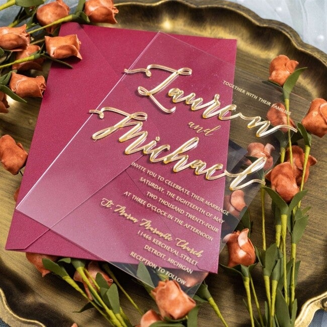 Invitation de Mariage Personnalisée en Plexiglas Transparent avec Prénoms 3D Miroir Or Rose