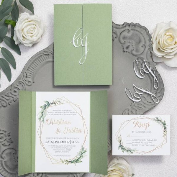 Faire-part élégant vert sauge avec initiales 3d
