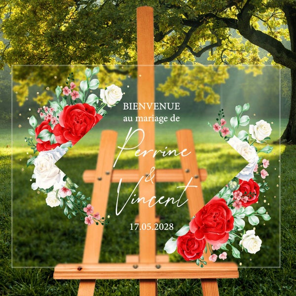 Panneau de Bienvenue Mariage bouquet de roses rouges et blanches