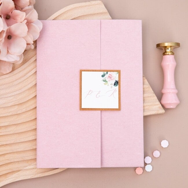 Faire-part de Mariage Élégant avec Pochette velours Rose Poudré