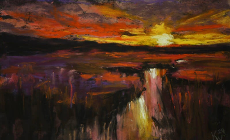 Solnedgang over å - softpastel  32x23cm indrammet  1.300 kr.