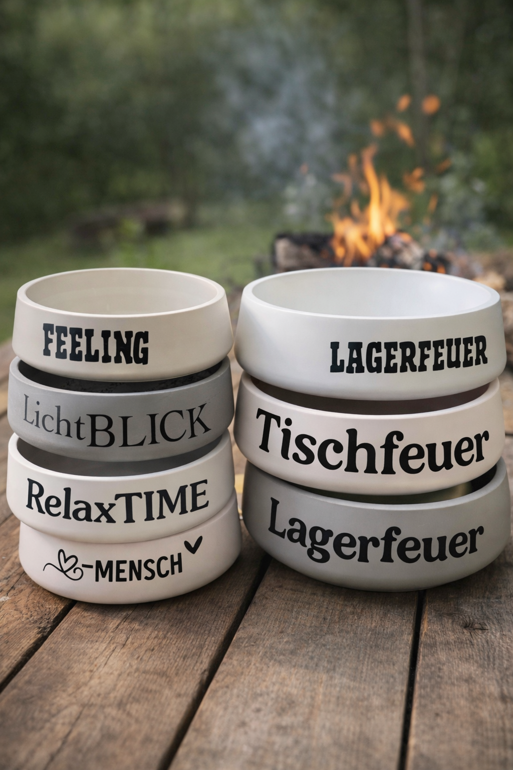 Modernes Tischfeuer groß mit dekorativem Granulatbett