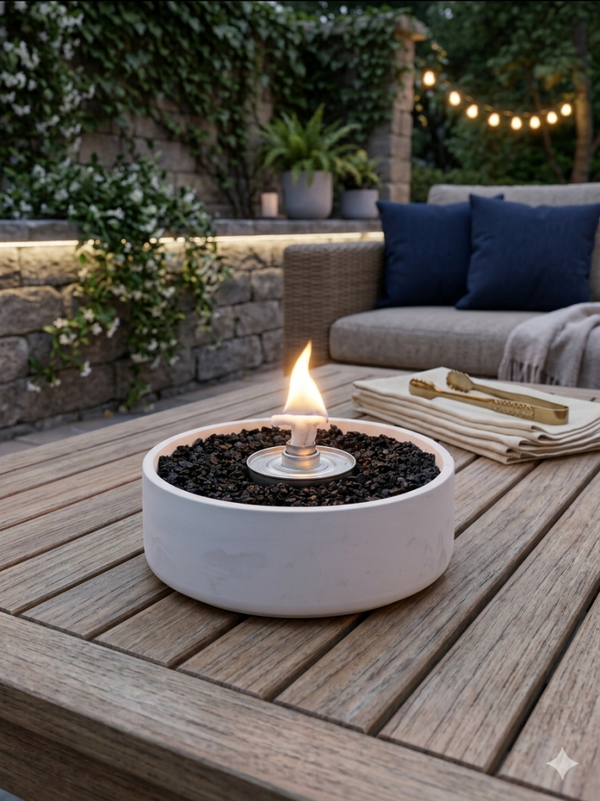 Modernes Tischfeuer groß mit dekorativem Granulatbett