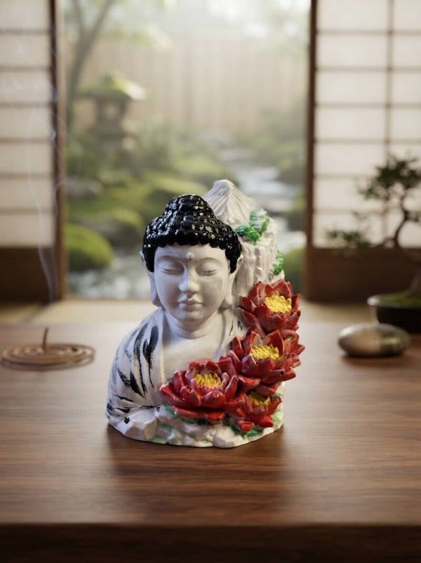 Handbemalte Buddha-Figur mit Lotusblüten