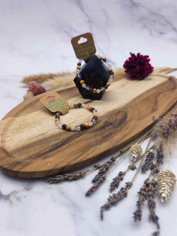 Palo Santo, Rosenquarz, Amethyst, Bergkristall 6mm