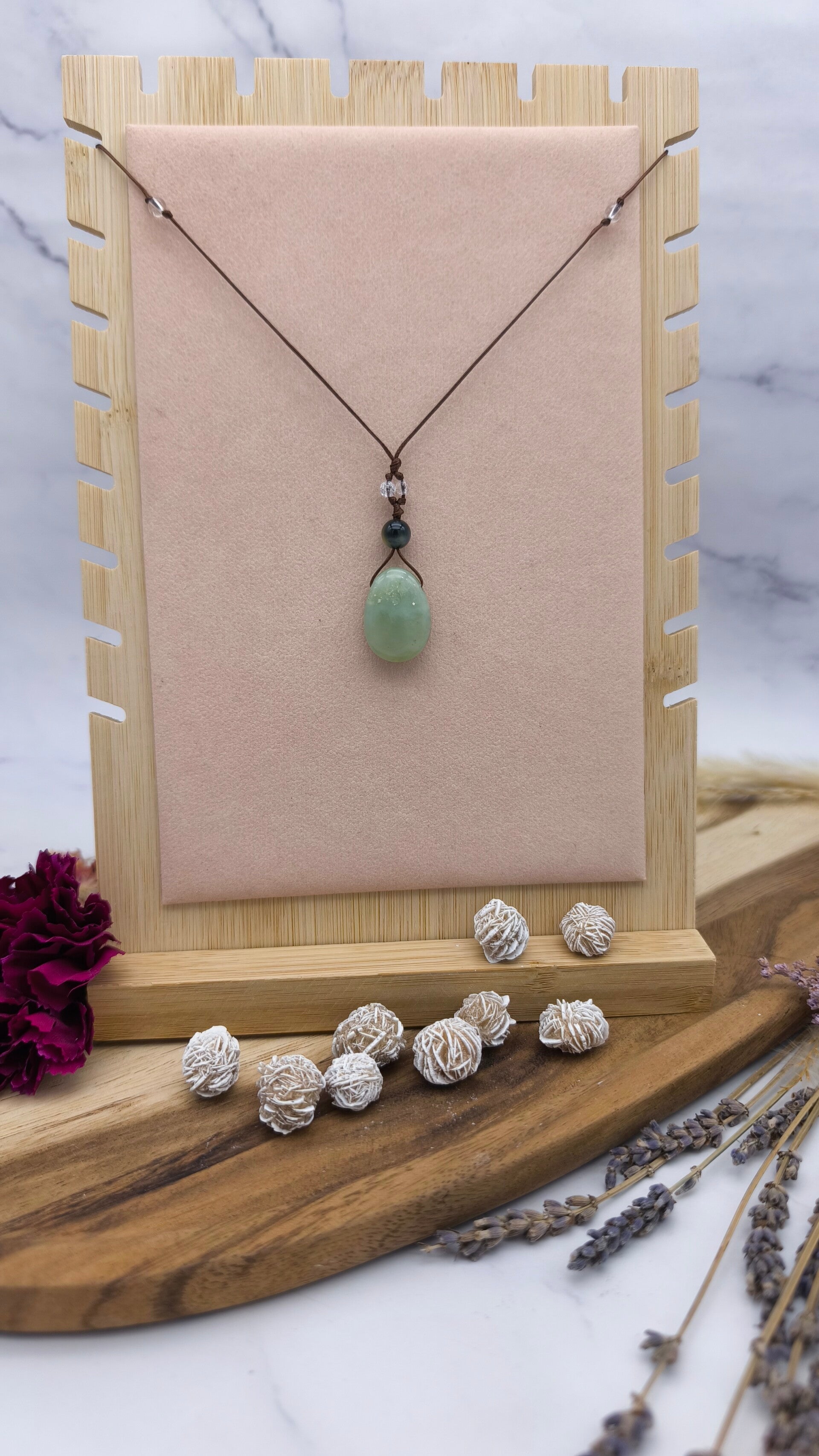 Serpentin (China-Jade) mit Tigerauge & Bergkristall (S2)