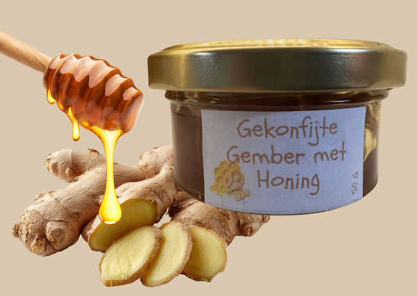 Gekonfijte gember met honing van eigen imkerij