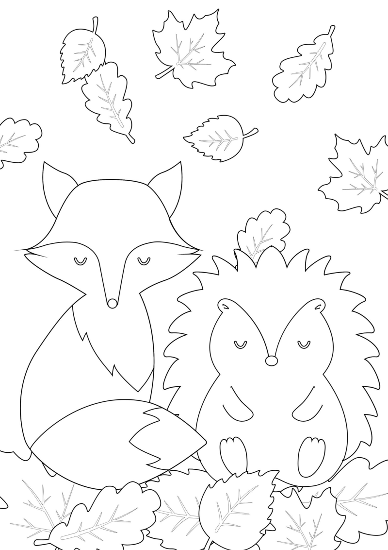 kleurplaat-bosdiertjes-vosje-egeltje