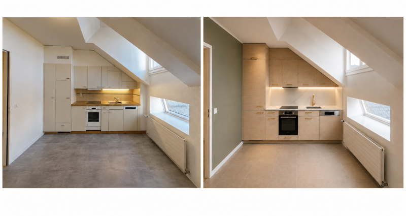 Avant et après rénovation d’une cuisine mansardée à Carouge avec nouvelle cuisine, peinture et carrelage au sol