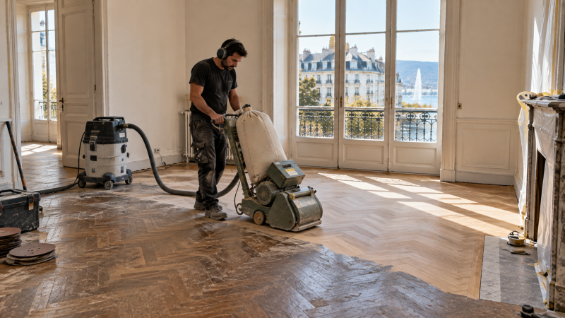 Ponçage et vitrification d’un parquet ancien dans un appartement à Genève