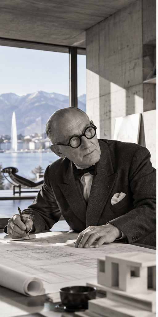 Le Corbusier travaillant sur des plans d’aménagement intérieur et de rénovation