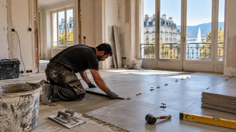 Prix pose carrelage Genève : préparation du support et pose grand format