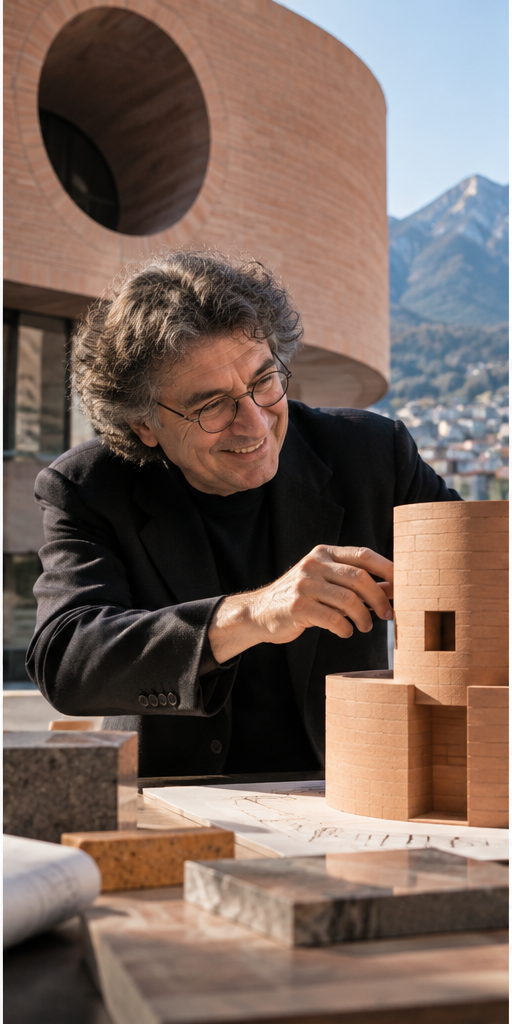 Mario Botta travaillant sur un projet d’architecture intérieure avec des matériaux et des plans