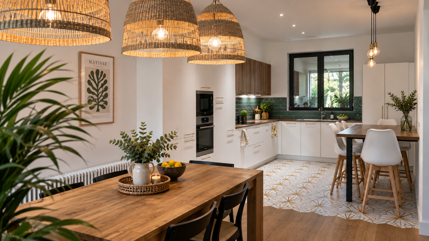 Cuisine ouverte rénovée à Thônex avec carrelage géométrique, parquet et finitions intérieures