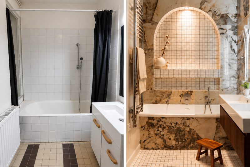Avant et après rénovation complète d’une salle de bain design à Troinex