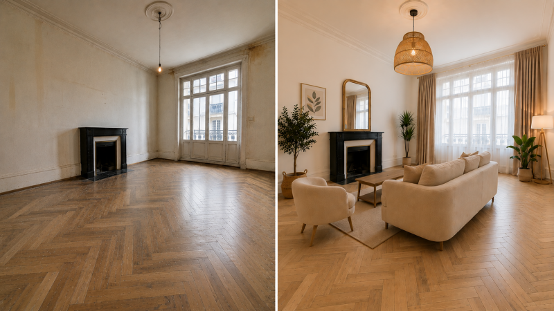 Avant et après rénovation d’un séjour dans la Vieille-Ville de Genève avec peinture et parquet vitrifié