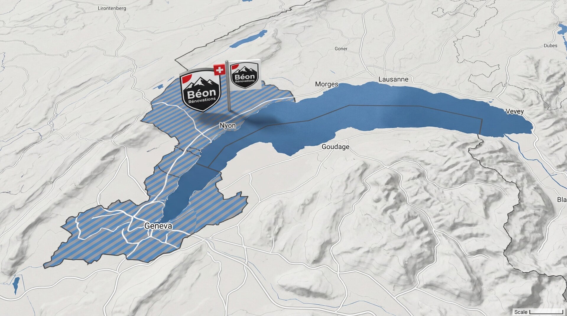 Carte des zones d’intervention de Béon Rénovation dans le canton de Genève