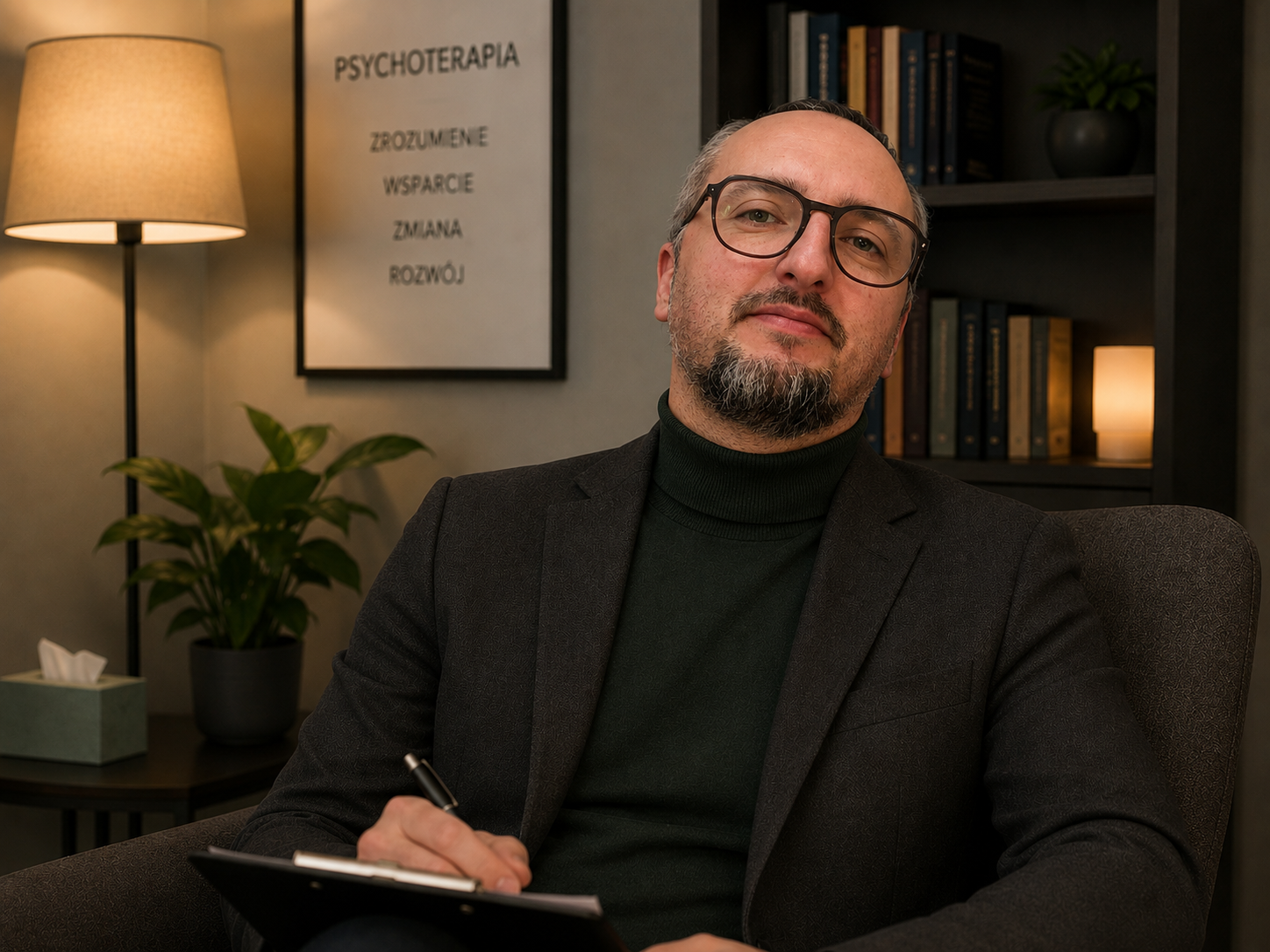 Psychoterapeuta podczas konsultacji psychologicznej w nowoczesnym gabinecie. Terapeuta siedzi w fotelu z notatnikiem, a w tle widać książki i plakat dotyczący psychoterapii.