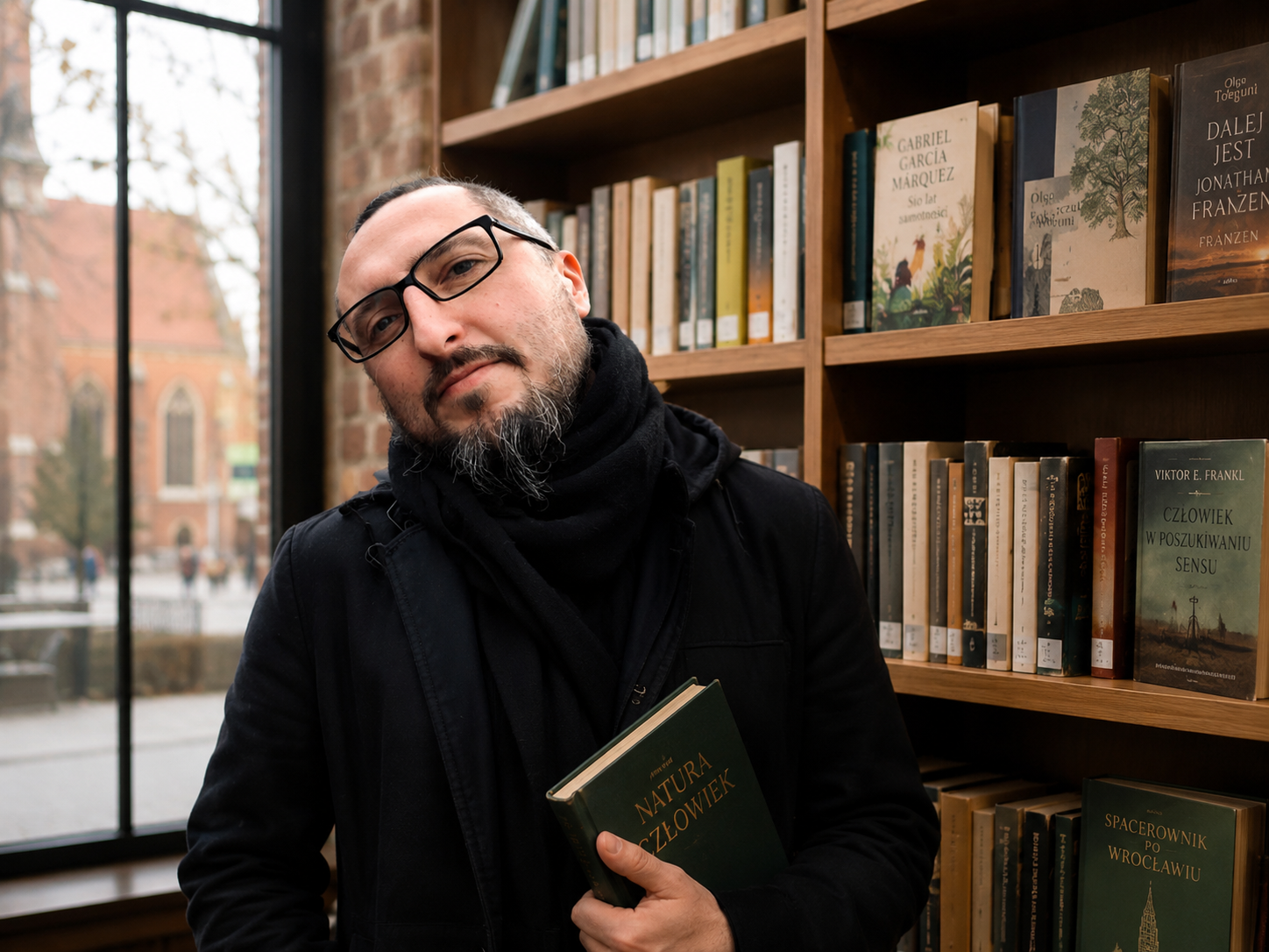 Mężczyzna z książką w bibliotece – spokojna przestrzeń do rozwoju, psychologii i refleksji