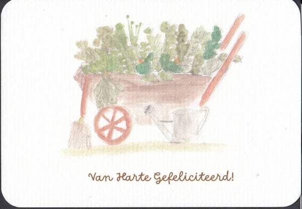 Kaart kruiwagen - 10 x 15 cm - Van Harte Gefeliciteerd!