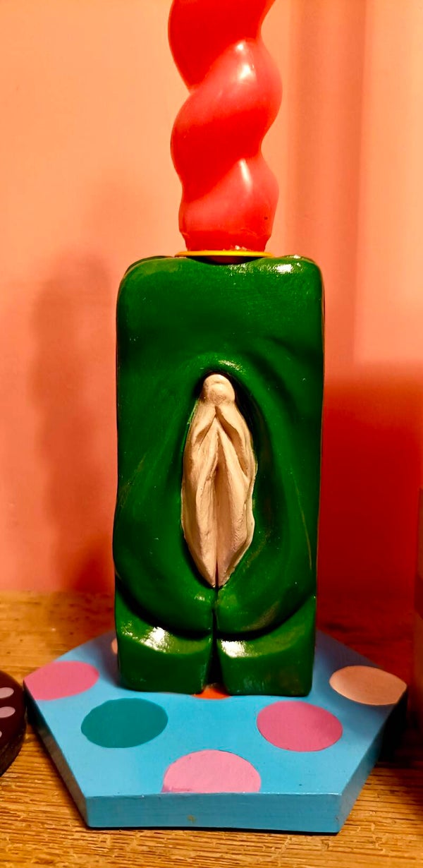 Vulva groen kandelaar inclusief bordje.