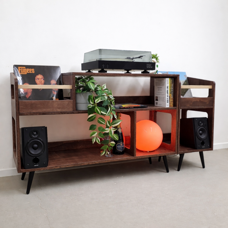 vinylkast massief hout, platenkast 300 lp, mid century platenrek