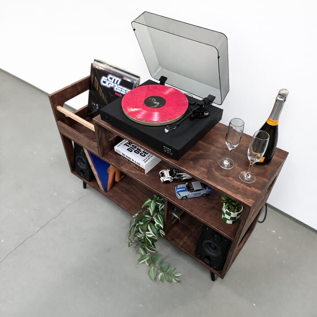 vinylkast massief hout, platenkast 300 lp, mid century platenrek