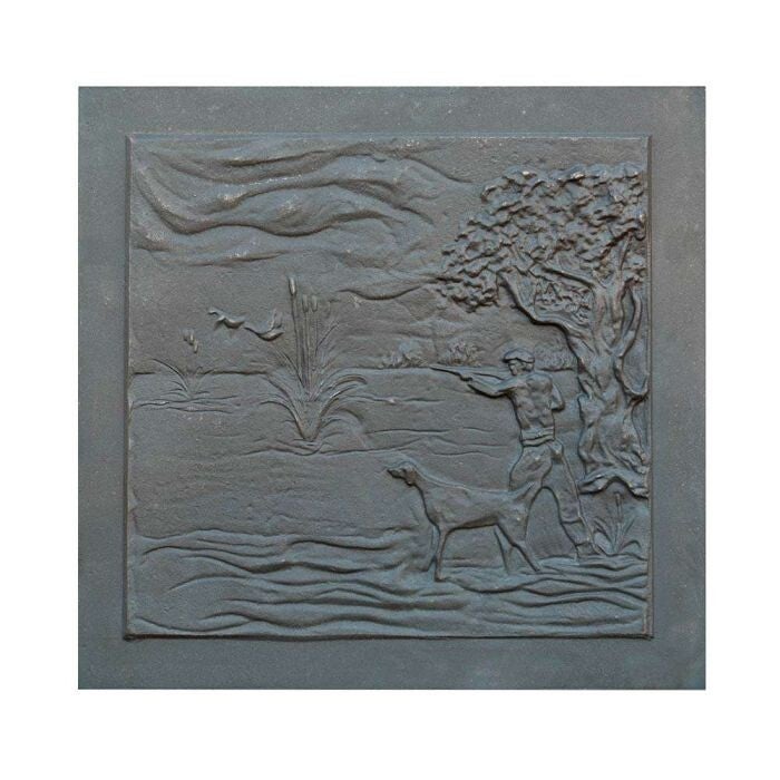 PLAQUE DE CHEMINÉE EN FONTE AVEC DÉCORATION CACCIATORE CM. 78 × 75 H TH. 1 CM SD
