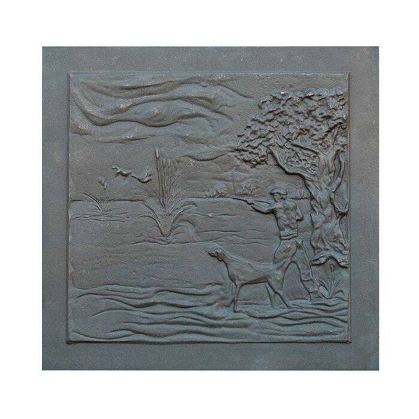 PLAQUE DE CHEMINÉE EN FONTE AVEC DÉCORATION CACCIATORE CM. 78 × 75 H TH. 1 CM SD