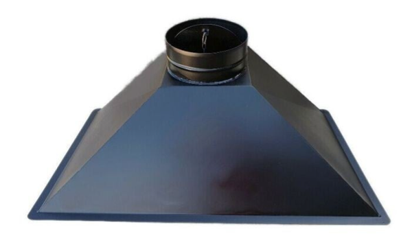 HÔTTE POUR CHEMINEE , AVALOIR BARBECUE FOYER EN ACIER NOIR L 92 x P 49 x H 43 sortie fumée 250 AVEC TRAPPE RONDE A CHAINE INCORPOREE