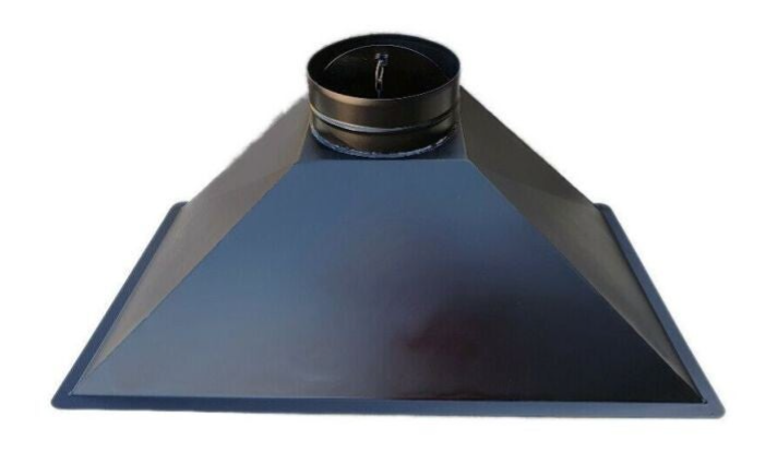 HÔTTE POUR CHEMINEE , AVALOIR BARBECUE FOYER EN ACIER NOIR L 92 x P 49 x H 43 sortie fumée 250 AVEC TRAPPE RONDE A CHAINE INCORPOREE