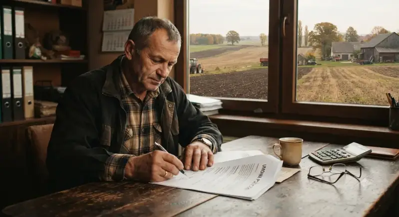 Rolnik przy biurku czyta umowe pozyczki pod zastaw gruntów rolnych