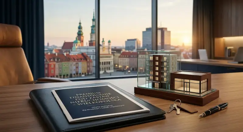 Gabinet doradcy finansowego Stay Safe Sound oferujący pożyczki pod zastaw lokali użytkowych i mieszkań w Wielkopolsce. Na biurku makieta budynku, dokumenty umowy i klucze na tle miejskiego krajobrazu