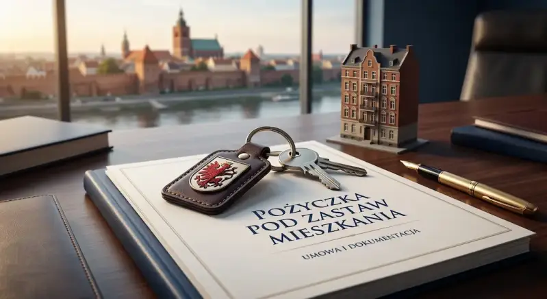 Umowa pożyczki pod zastaw mieszkania w województwie kujawsko-pomorskim – dokumenty, klucze i pióro na biurku.