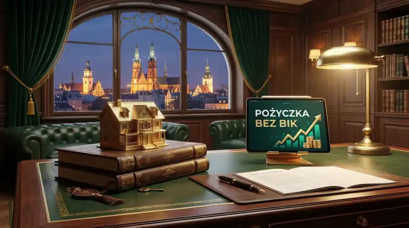 Profesjonalne biuro finansowe w Łodzi – na biurku widoczne są symbole pożyczki pod zastaw nieruchomości, takie jak model domu, klucze i dokumenty oraz tablet z hasłem pożyczka bez BIK.
